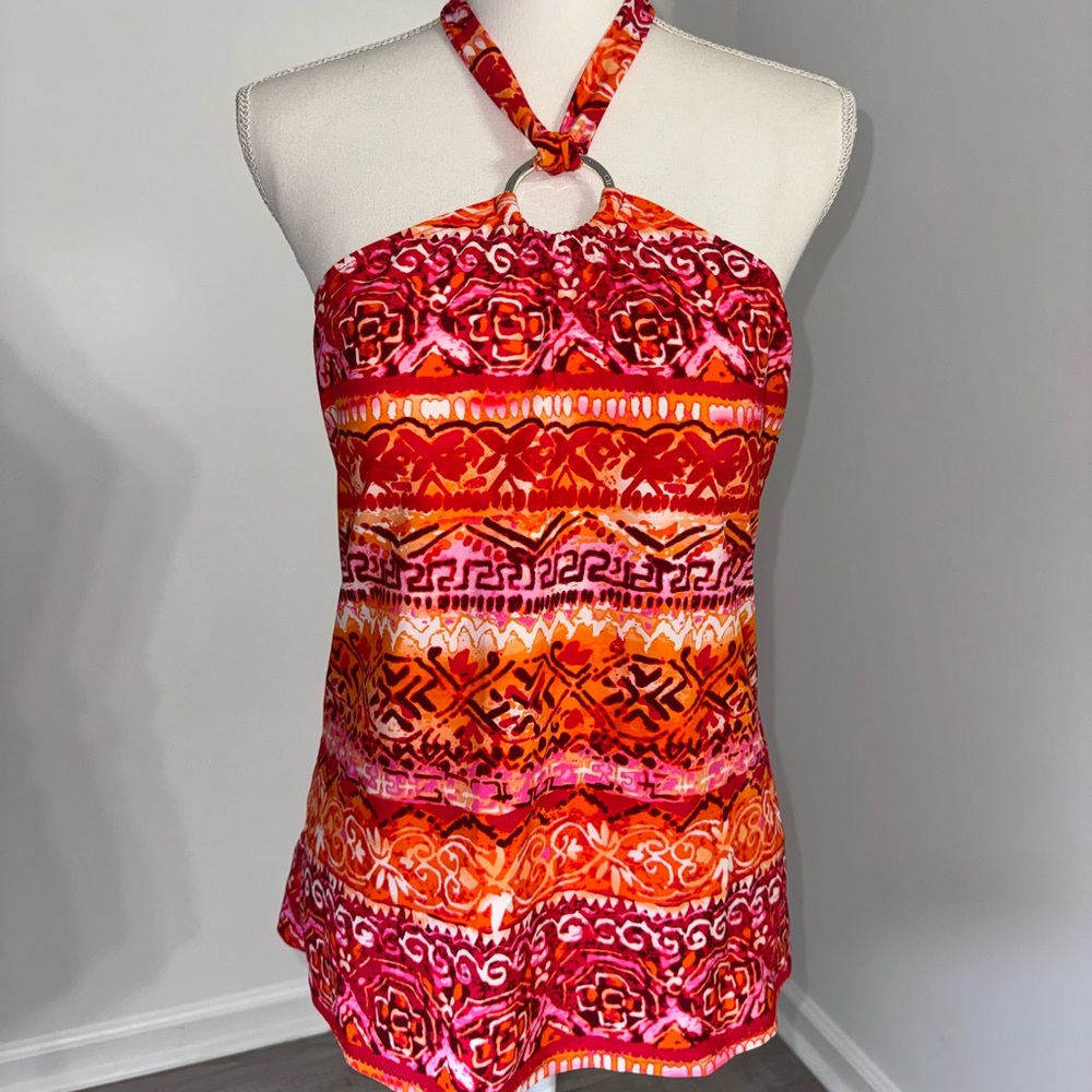 Chaps Womens 16 Halter Tankini Swim Top Pink Orange O Ring Open Back